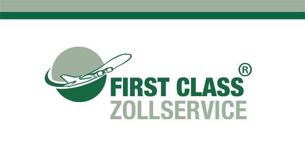 Logo Text "First Class Zollservice" und Flugzeug Icon